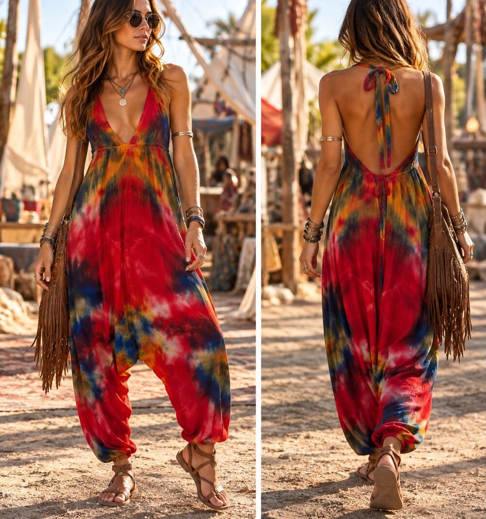 Made in Jamaica Tie Dye Halter Red Harem Jumpsuit Small Boho Festival Hippie Y2K